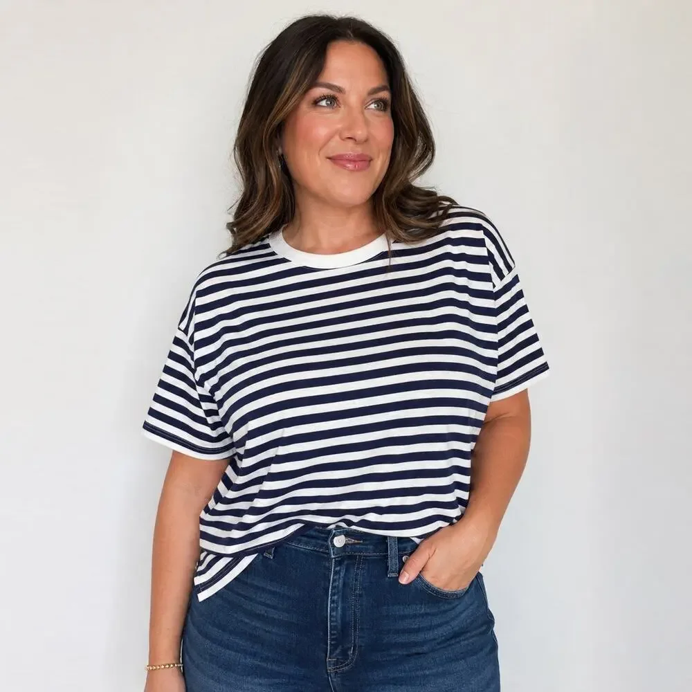 J.Crew Navy White Striped Cotton Crewneck Tee Sz S